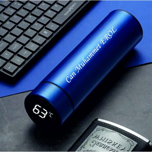 Kişiye Özel Isimli Lüks Dijital Sıcaklık Göstergeli Çelik Termos 500ML-MAVİ