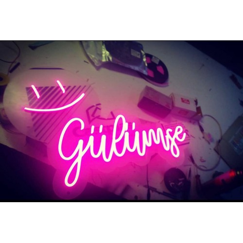 Emoji Gülümse Yazılı Dekoratif Neon Led Tablo, Neon Duvar Tabela