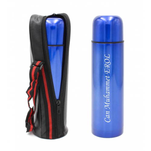 Kişiye Özel İsimli Çantalı Bardaklı Lüks Çelik Termos - 500 ml - MAVİ